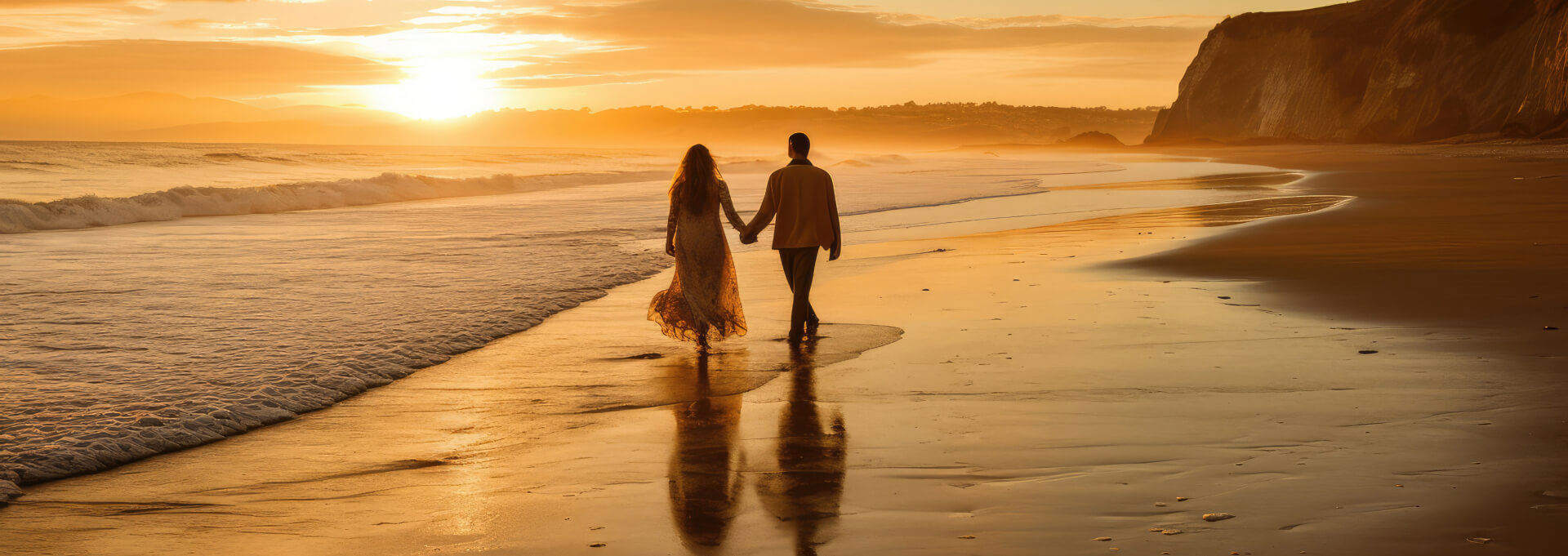 Pareja Paseando Playa Al Atardecer 1