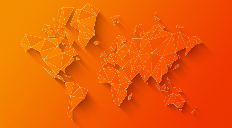 Forma Mapa Mundial Hecha Poligonos Ilustracion 3D Sobre Fondo Naranja 1